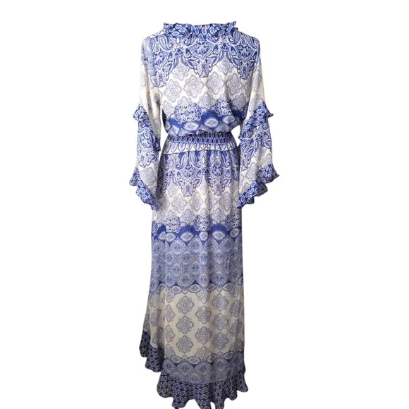 NWT MISA Imaan Size Small Blue White Multi Tile Ruffle Sheer High-Low Maxi Dress